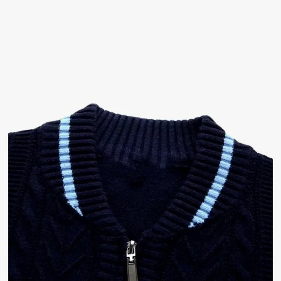 Full-Zip Cardigan Sweater, Knit Stand Collar, Sporty Casual M Blue - Picture 3 of 9